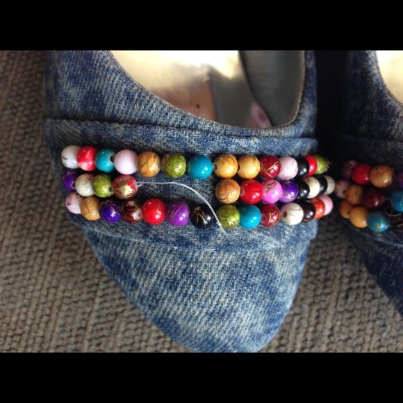 Custom Blue White Tie Dye Beads Heels Shoes US 6.5 - Picture 8 of 8